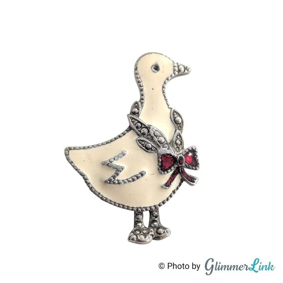 Vintage Lia Duck Brooch – White Enamel Goose Pin with Red Bow & Marcasite Accent - Picture 1 of 6